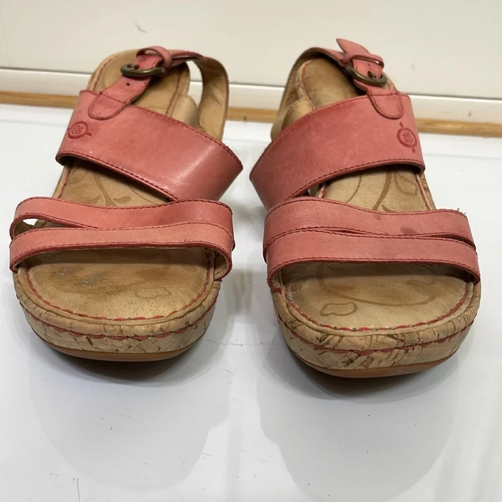 Born‎ Amabel Salmon Pink Leather Wedge Sandals Heel Summer Womens Size 7